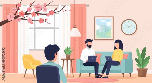 Three people in a bright room with flowering branches and a clock