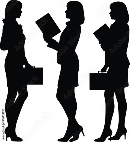 Businesswomen holding folders and briefcases silhouette set, professional office staff concept, corporate female employees scene, flat vector illustration