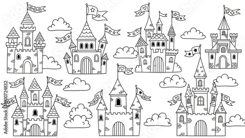 Black and White Fantasy Castles Illustration.