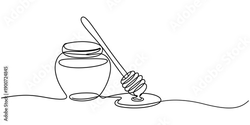 A continuous line drawing of a honey jar with a dipper, Vector continuous one single line drawing of honey dipper in silhouette on white background. Linear stylized, Honey dripping from honey dipper.