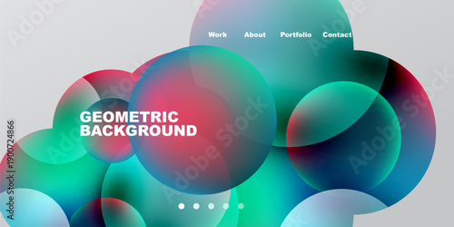 Abstract colorful shapes overlap. Gradient hues create dynamic visual effect. Text displays Geometric Background, navigation options present.