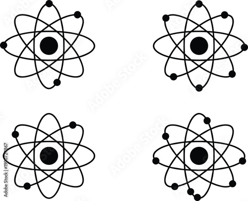 Atom icon set representing science physics technology education research innovation atomic structure vector illustration minimal design modern outline