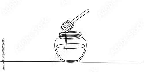 A continuous line drawing of a honey jar with a dipper, Vector continuous one single line drawing of honey dipper in silhouette on white background. Linear stylized, Honey dripping from honey dipper.