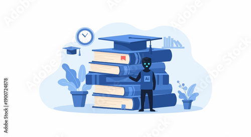 Robot with books, graduation cap, clock, plants, and shelves