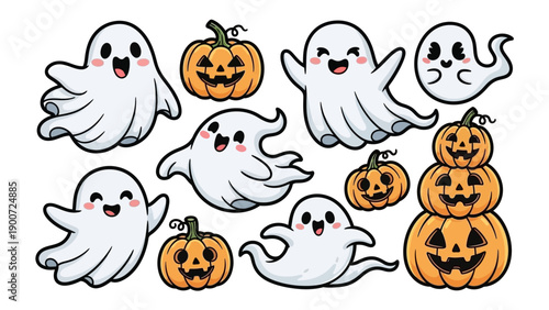 Cartoon Ghosts and Pumpkins Halloween.