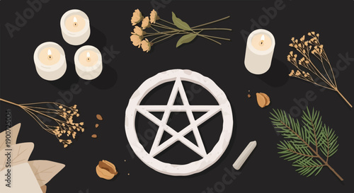 Ritualistic arrangement with a pentagram, candles, dried flowers, and greenery