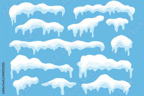 Cartoon snow caps. Set of snow cap. Snow caps, snowy ice and frozen icicles. Winter snowy decoration elements. Snow and ice, winter snowy caps for