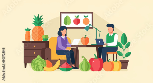 People working with fruits and vegetables on a desk with laptops and plants