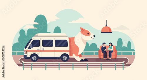 Quirky illustration of van, dog, and couple on sofa with lamp