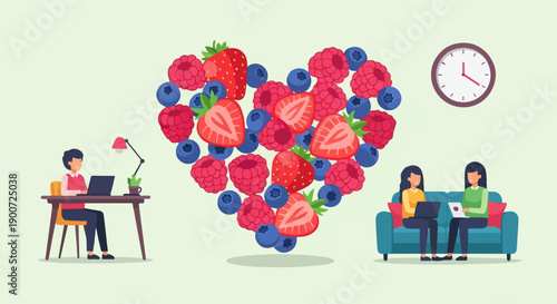 People working with healthy heart-shaped fruit and clock