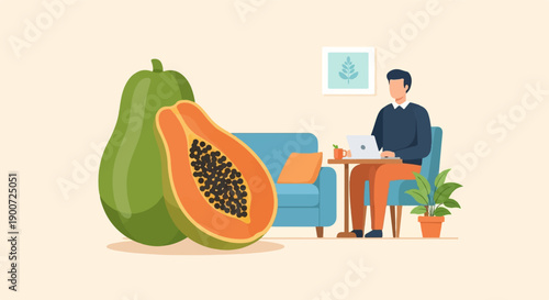 Person working on a laptop beside a large papaya fruit in a room