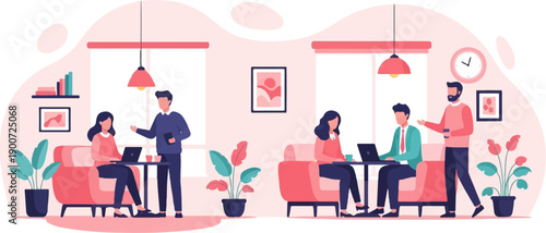 People working and conversing in a modern, softly lit interior with plants