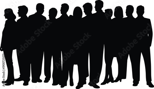 Corporate business team silhouette group, professional people standing together concept, diverse office staff community scene, flat vector illustration