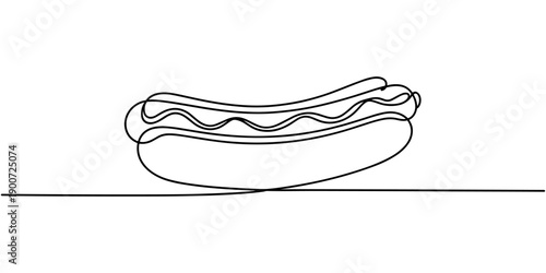 One line continuous hot dog fast food symbol concept. Silhouette of buns with sausage and mustard unhealthy snack. Digital white single line sketch drawing vector illustration