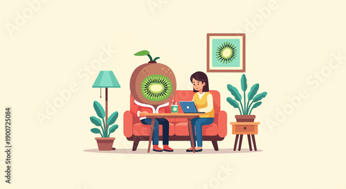 Quirky kiwi-headed person and woman work on laptop in a cozy living room