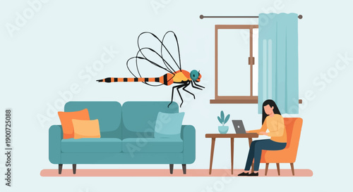 Person working on laptop at home with a large dragonfly overhead
