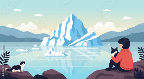 Person and cat admire serene icy landscape with reflections