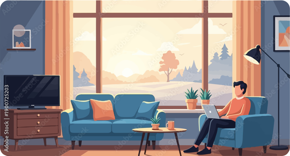 Obraz premium Person working on laptop in a cozy room with a large window view