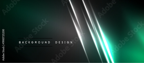 Dark gradient background features bright diagonal lines. Modern design with teal, silver, black hues. Minimalist aesthetic.