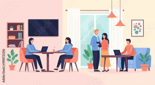 People working and collaborating in a modern office space