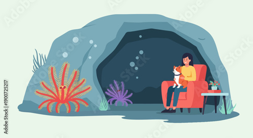 Person and dog relax in cozy chair inside underwater cave near sea creature