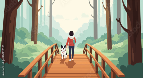 Person and dog walk across wooden bridge in misty forest