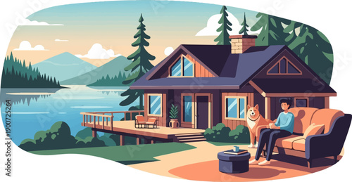 Person and dog relax on couch next to lake house with mountain backdrop