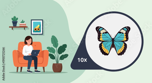 Person working on laptop in living room with enlarged butterfly illustration
