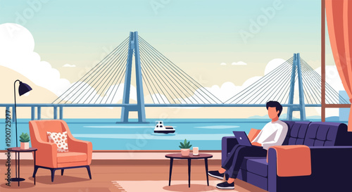 Person working on laptop in living room with bridge view