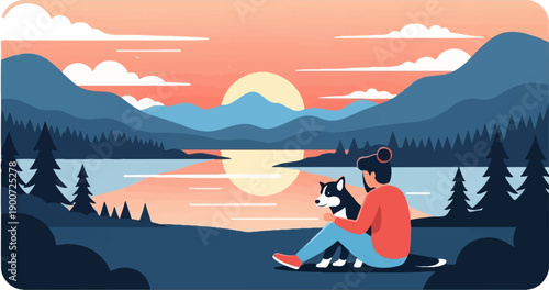 Person and dog watch sunset over tranquil lake and mountains