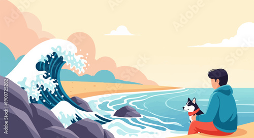 Person and dog watch a large wave crash on a sunny beach