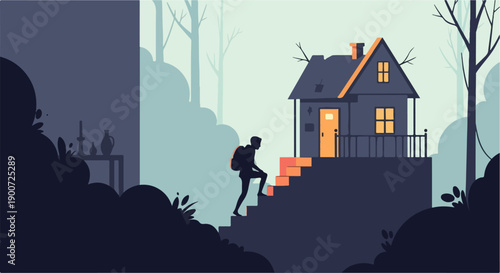 Silhouette hiker ascending steps to a dimly lit cabin in a misty forest