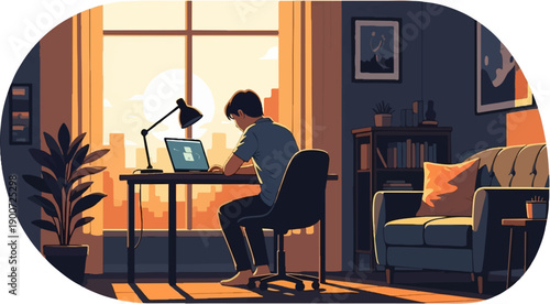 Person working on laptop in room overlooking cityscape at sunset