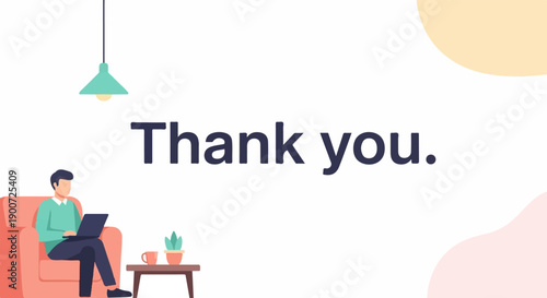 Person working on laptop on couch with thank you text and decorative shapes