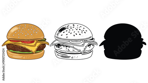 A colorful illustration of three different hamburger styles side by side