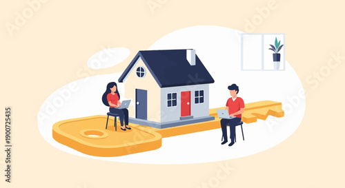 People work on laptops with a house on a giant key