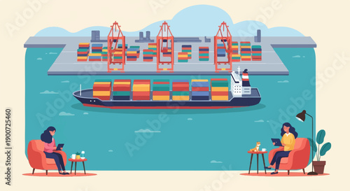 Shipping containers stacked on a boat and at a port with people relaxing at home