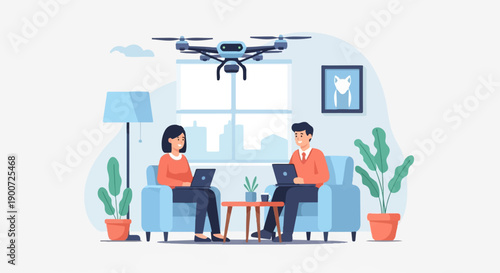 People work on laptops while drone hovers indoors