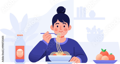 Person enjoying a meal of pasta and fruit