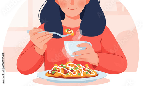 Person enjoying a warm drink and cheesy snack with a forkful of food