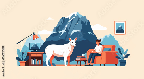 Person working on laptop with dog and mountains in stylized home office