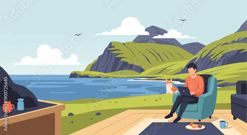Person working on laptop with dog in a serene coastal mountain landscape