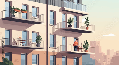 Person enjoying coffee on balcony of apartment building overlooking city