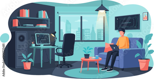 Person working remotely from a cozy, modern apartment with city view