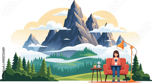 Person working remotely from home in a mountainous landscape
