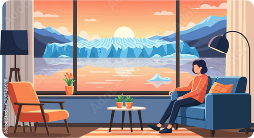 Person gazes at a frozen Arctic landscape at sunset from a cozy room