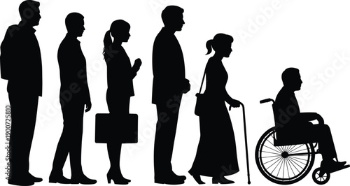 Diverse people standing in line silhouette, inclusion and accessibility concept with wheelchair user, community equality scene, flat vector illustration