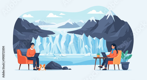 Remote workers at a glacial landscape