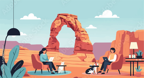Remote work with dogs in desert landscape, under natural arch