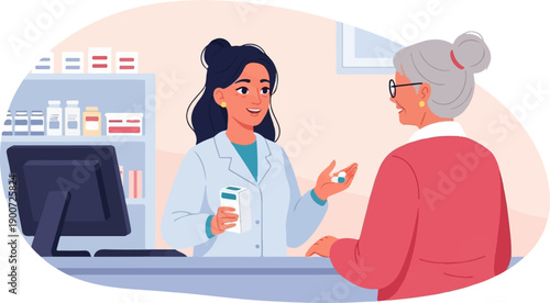 Pharmacist and elderly customer discuss medication at counter